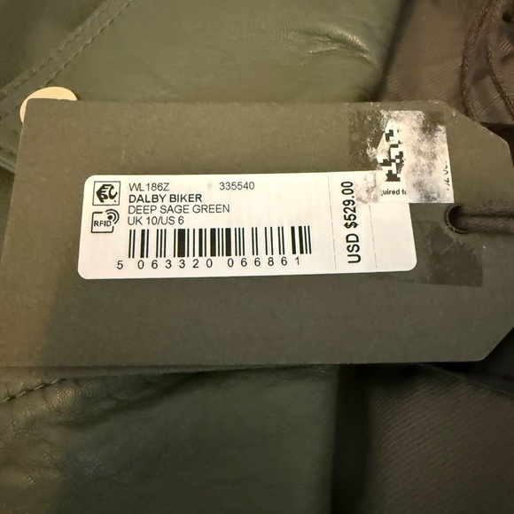 All Saints Dalby Biker 100% lamb leather moto jacket sage green size 6 NWT - Picture 9 of 14
